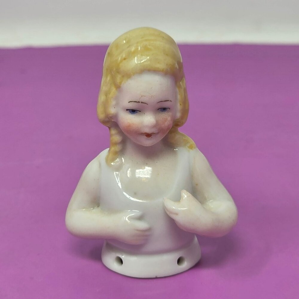 Antique German Porcelain‎ Half Doll Figurine Hand Painted Sewing Collectible